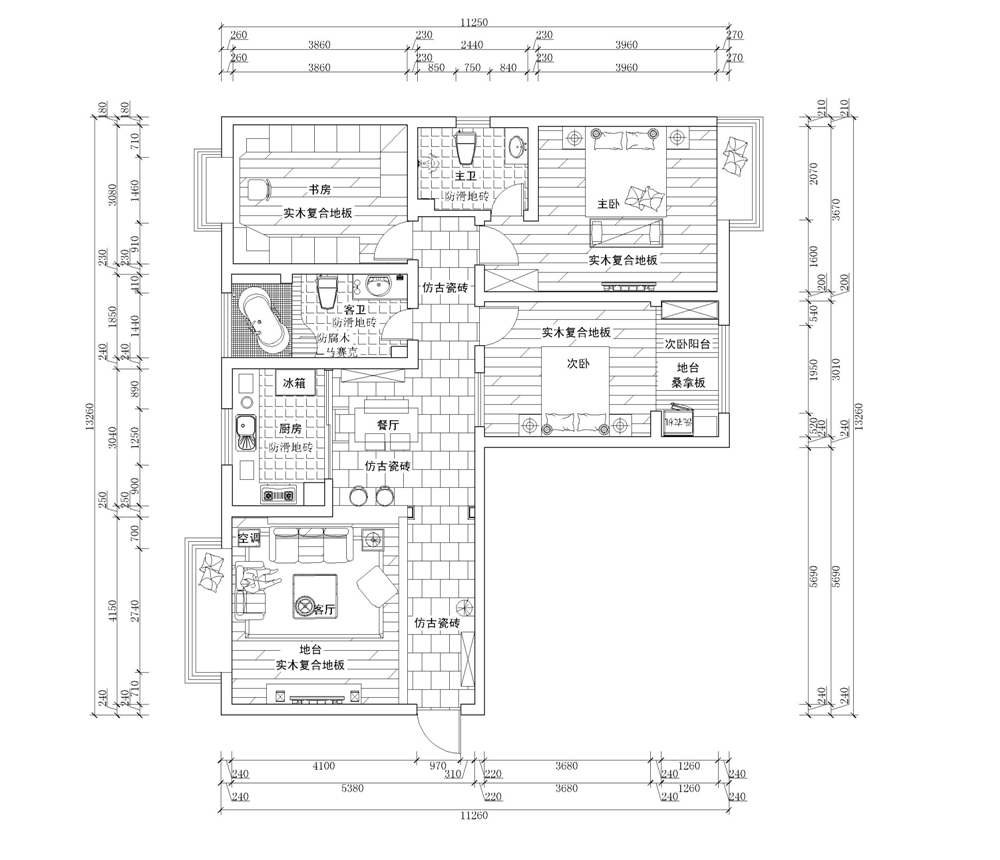 泉景天沅130m²三室两厅东南亚风格户型点评