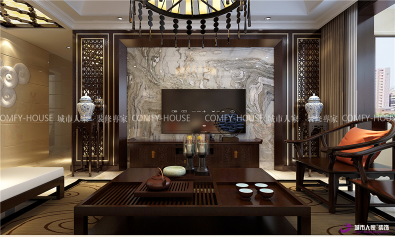 领秀城146㎡三室两厅现代中式风格装修实例